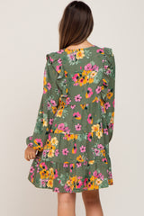 Green Floral Ruffle Accent Long Sleeve Maternity Dress