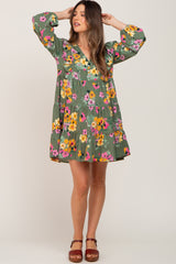 Green Floral Ruffle Accent Long Sleeve Maternity Dress