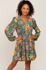 Green Floral Ruffle Accent Long Sleeve Dress