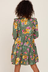 Green Floral Ruffle Accent Long Sleeve Dress