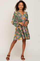 Green Floral Ruffle Accent Long Sleeve Dress