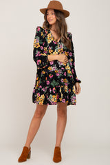 Black Floral Ruffle Accent Long Sleeve Maternity Dress