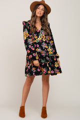 Black Floral Ruffle Accent Long Sleeve Maternity Dress