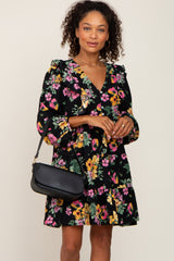 Black Floral Ruffle Accent Long Sleeve Maternity Dress