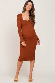 Rust Ribbed Knit Sweetheart Maternity Dress