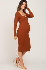 Rust Ribbed Knit Sweetheart Maternity Dress