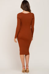 Rust Ribbed Knit Sweetheart Maternity Dress