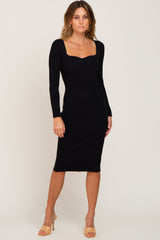 Black Ribbed Knit Sweetheart Dress