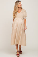 Beige Smocked V-Neck Puff Sleeve Maternity Midi Dress