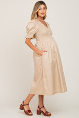 Beige Smocked V-Neck Puff Sleeve Maternity Midi Dress