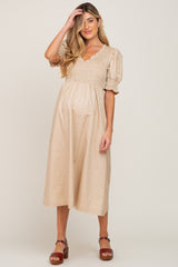 Beige Smocked V-Neck Puff Sleeve Maternity Midi Dress