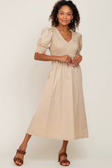 Beige Smocked V-Neck Puff Sleeve Midi Dress