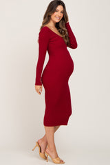 Burgundy Knit Ribbed Maternity Midi Dress