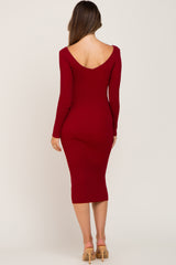 Burgundy Knit Ribbed Maternity Midi Dress