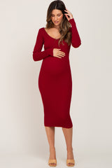 Burgundy Knit Ribbed Maternity Midi Dress