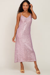 Pink V-Neck Sequin Midi Dress