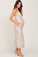 Beige V-Neck Sequin Maternity Midi Dress