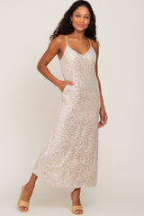 Beige V-Neck Sequin Maternity Midi Dress