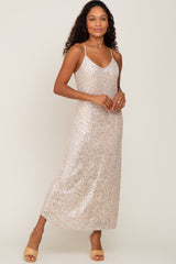 Beige V-Neck Sequin Midi Dress