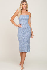 Blue Printed Ribbed Sleeveless Midi Dress