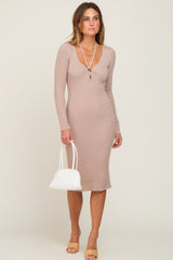 Beige Rib Knit Cutout Front Tie Maternity Midi Dress