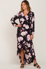 Black Floral Long Sleeve Hi-Lo Maternity Maxi Dress