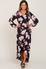 Black Floral Long Sleeve Hi-Lo Maxi Dress