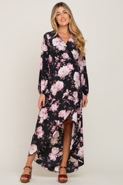 Black Floral Long Sleeve Hi-Lo Maternity Maxi Dress