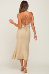 Beige Metallic Criss Cross Back Maxi Dress