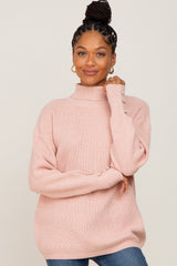 Light Pink Button Accent Turtleneck Maternity Sweater