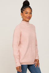 Light Pink Button Accent Turtleneck Sweater