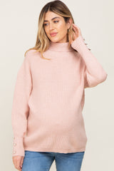 Light Pink Button Accent Turtleneck Maternity Sweater