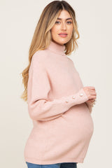 Light Pink Button Accent Turtleneck Maternity Sweater