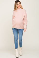 Light Pink Button Accent Turtleneck Maternity Sweater