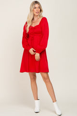 Red Shimmer Smocked Long Sleeve Dress