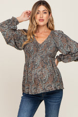 Camel Paisley Long Sleeve Peplum Maternity Top