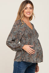 Camel Paisley Long Sleeve Peplum Maternity Top