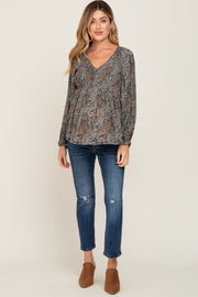 Camel Paisley Long Sleeve Peplum Maternity Top