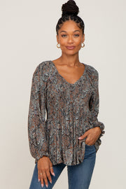 Camel Paisley Long Sleeve Peplum Top