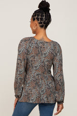 Camel Paisley Long Sleeve Peplum Top