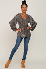 Camel Paisley Long Sleeve Peplum Top