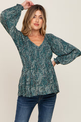 Hunter Green Paisley Long Sleeve Peplum Maternity Top