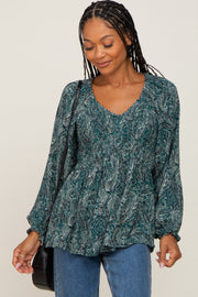 Hunter Green Paisley Long Sleeve Peplum Top