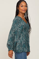 Hunter Green Paisley Long Sleeve Peplum Top