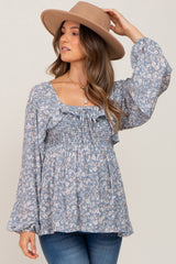 Blue Floral Smocked Ruffled Long Sleeve Maternity Top