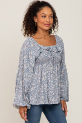 Blue Floral Smocked Ruffled Long Sleeve Top