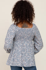 Blue Floral Smocked Ruffled Long Sleeve Top