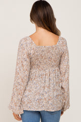 Taupe Floral Smocked Ruffled Long Sleeve Maternity Top