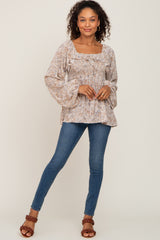 Taupe Floral Smocked Ruffled Long Sleeve Top