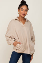 Beige Collared Pullover Maternity Sweater